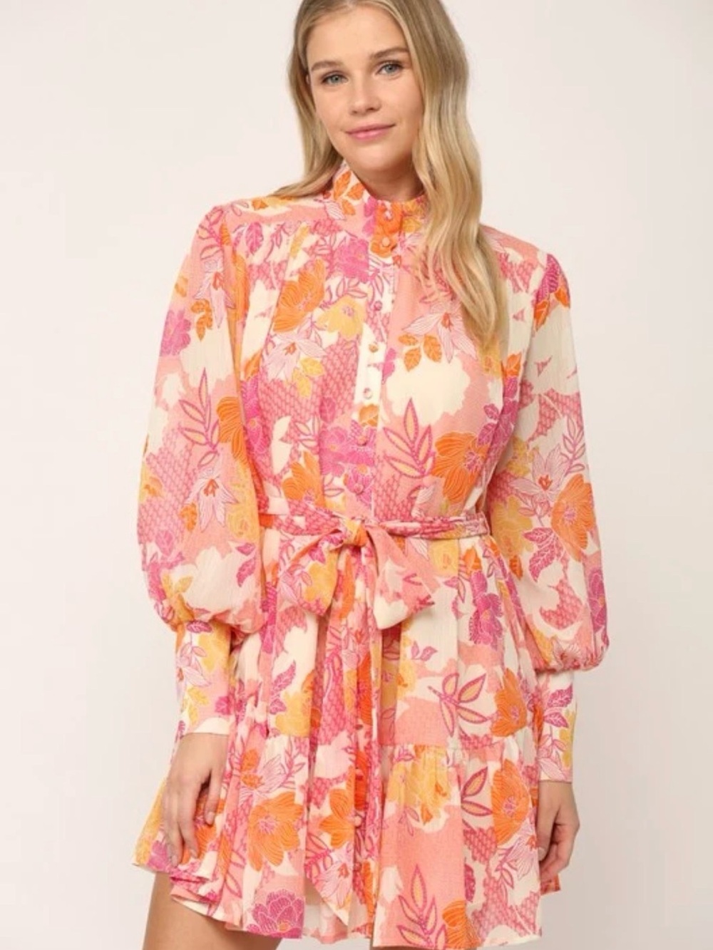 Fate Pink and Orange Floral Button up Dress